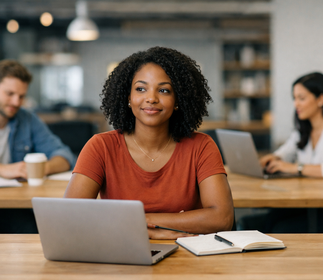 photographic Black woman at work central to the shot with lots of room around herspace in the frame around her sat with colleagues in her 20s or 30s l-2-1 photographic Black woman at work central to the shot with lots of room around herspace in the frame around her sat with colleagues in her 20s or 30s l-2-1