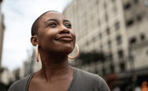 woman looking optimistically off camera