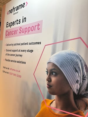Image of Reframe Cancer featuring a lady in headscarf and a list of features