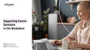 Supporting Cancer Survivors in the Workplace Title Screen with image of a woman with cancer working from home on a laptop